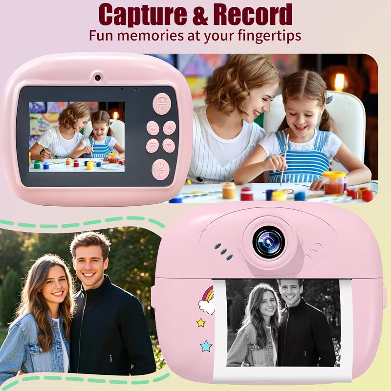Kids DIY Instant Digital Camera - Inkless Thermal Photo Printer with Markers & Video Recording