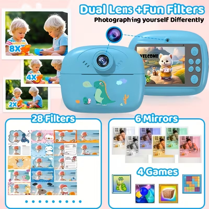 Kids DIY Instant Digital Camera - Inkless Thermal Photo Printer with Markers & Video Recording