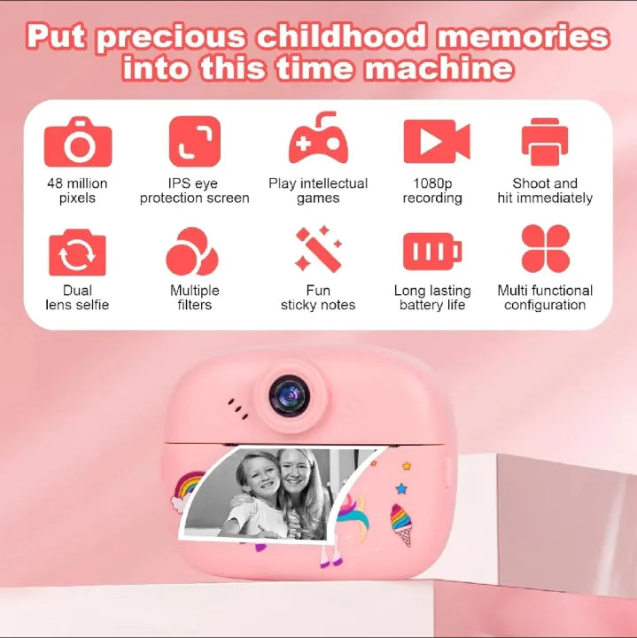 Kids DIY Instant Digital Camera - Inkless Thermal Photo Printer with Markers & Video Recording