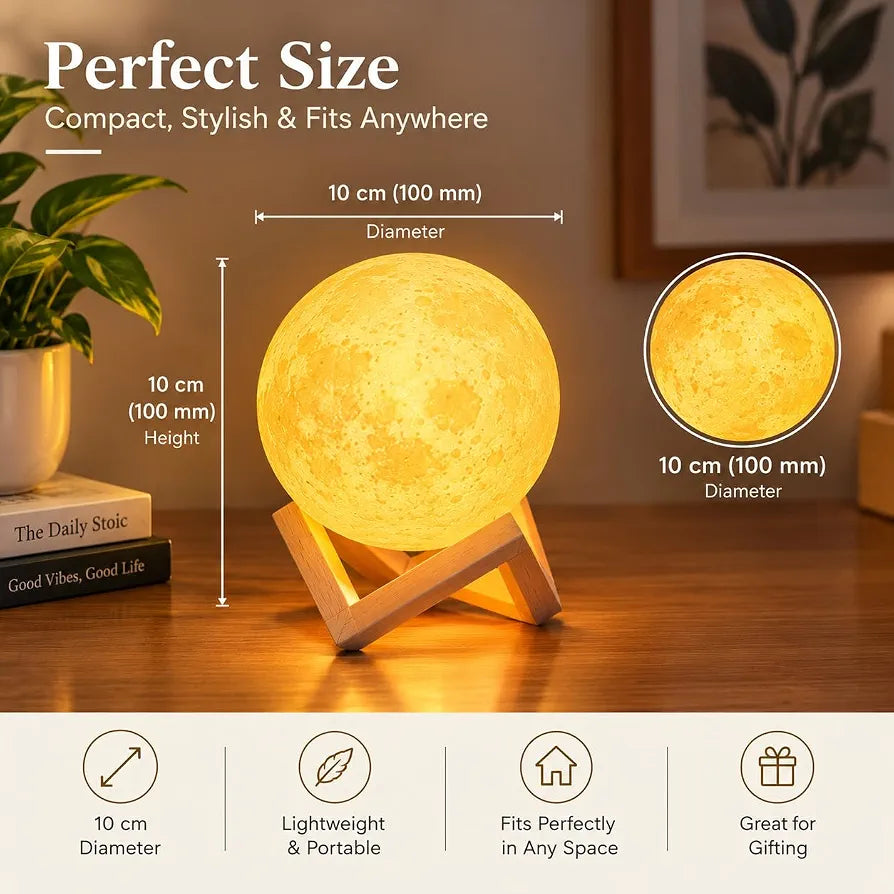3D Moon Lamp - 10cm Portable LED Night Light with Wooden Stand