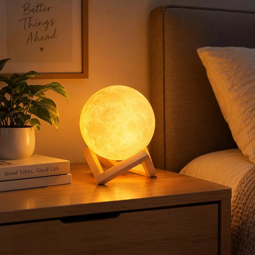 3D Moon Lamp - 10cm Portable LED Night Light with Wooden Stand