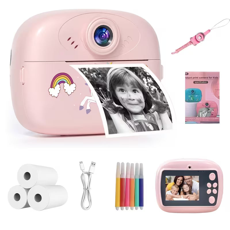 Kids DIY Instant Digital Camera - Inkless Thermal Photo Printer with Markers & Video Recording