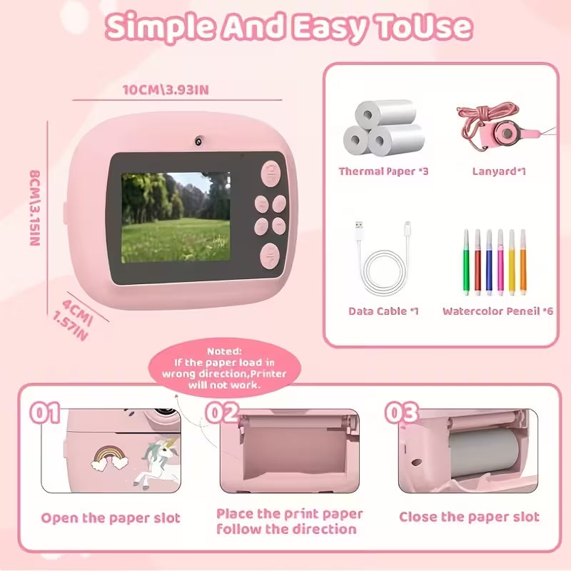 Kids DIY Instant Digital Camera - Inkless Thermal Photo Printer with Markers & Video Recording